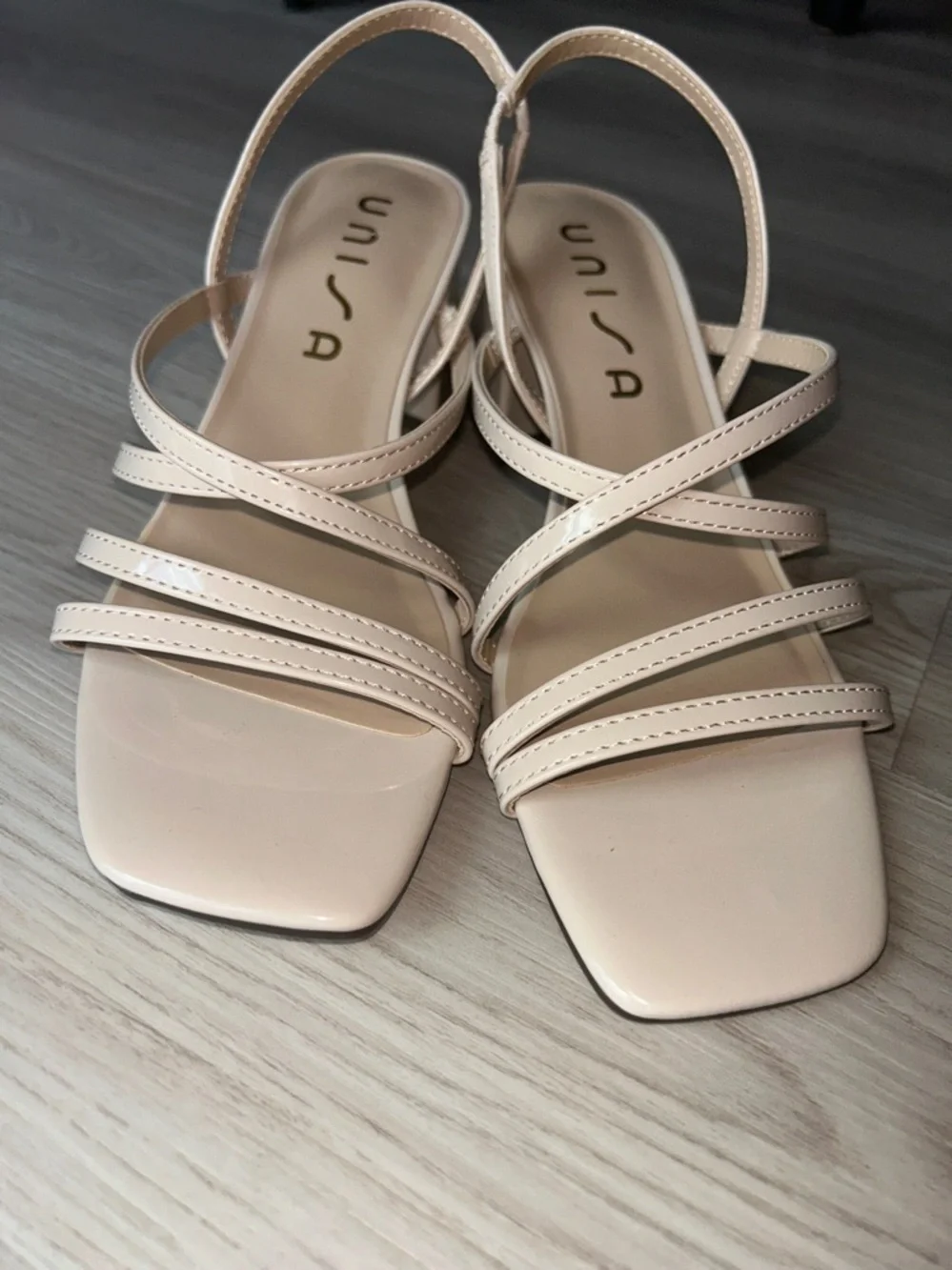 Unisa Strappy Patent Leather Slingback Sandals 7.5 Nude/Beige NWOT Square-Toe